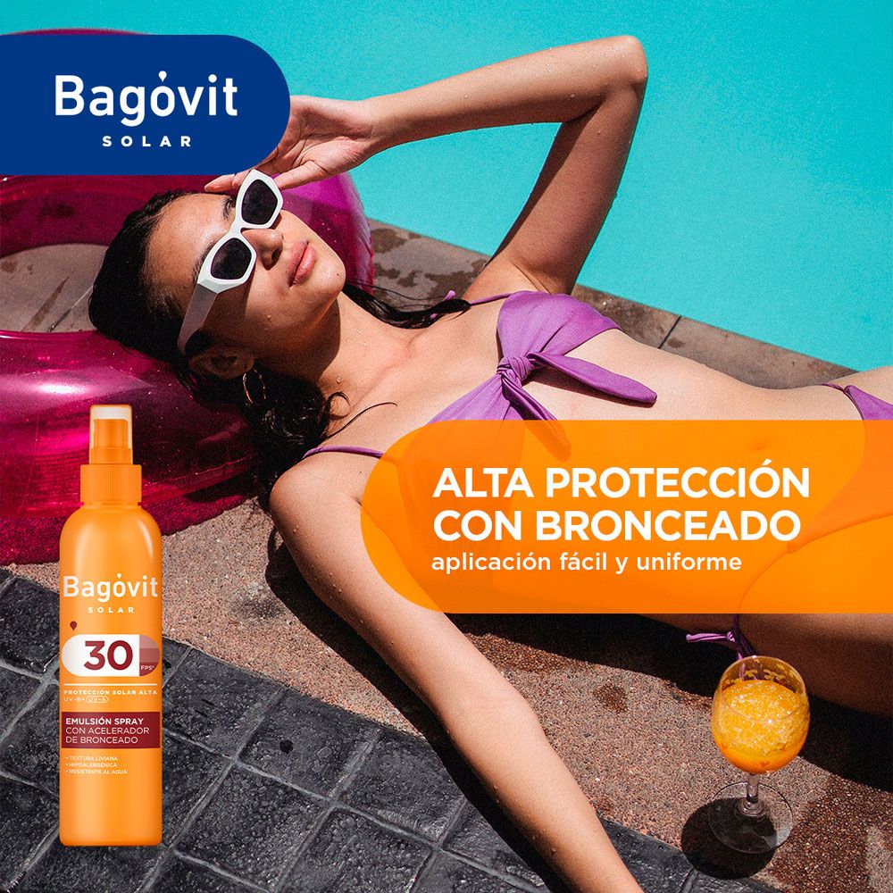 Bagovit Protector Solar Fps 30 Con Acelerador De Bronceado Emulsión Spray Hidratante X 200 Gramos - Imagen 3